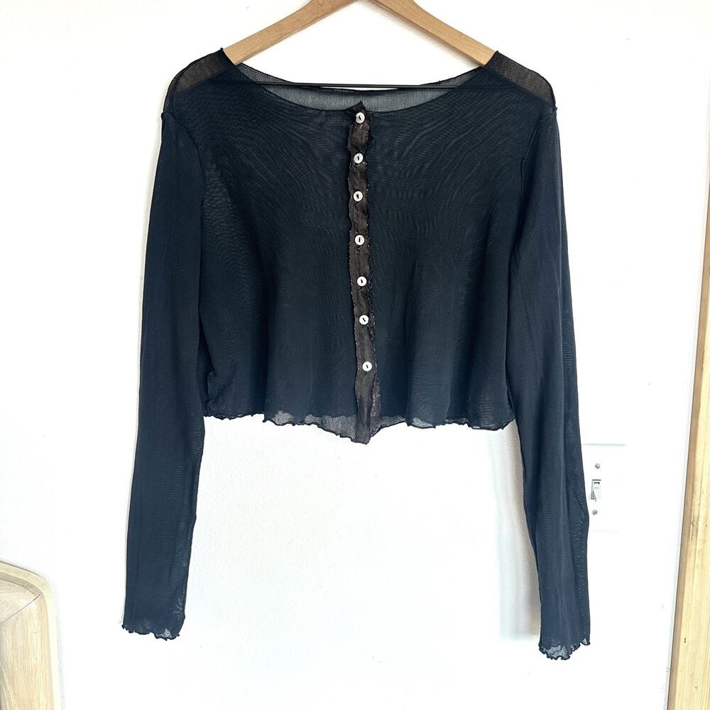 Vintage Y2K Sheer Mesh Black Cropped Cardigan Top Lettuce Hem Vamp Goth Witchy